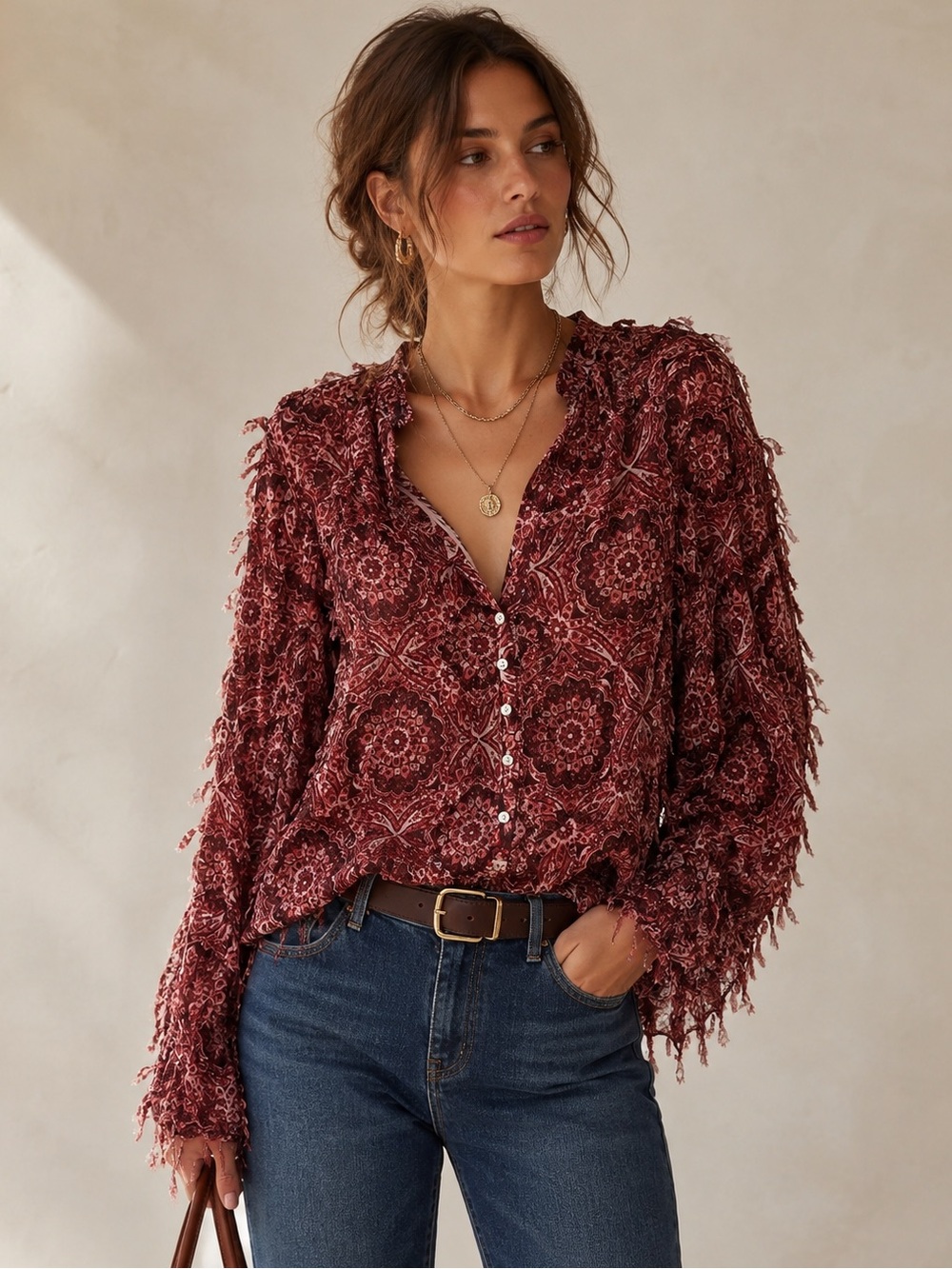 Zara Burgundy Patterned Button-Down Blouse